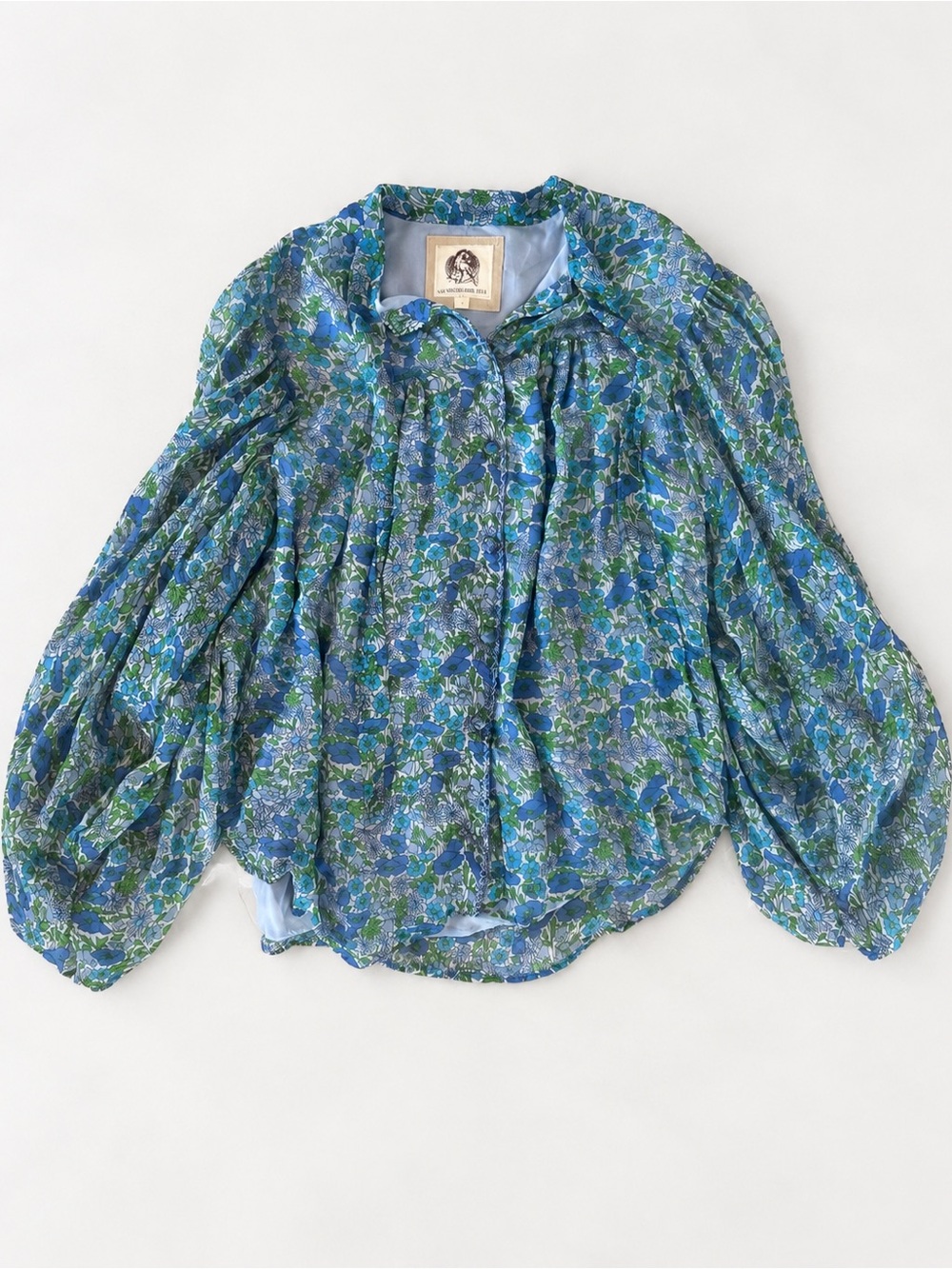 Chasing Unicorns 100% Silk Blue Floral Blouse S Bishop Sleeves Embroidered Trim
